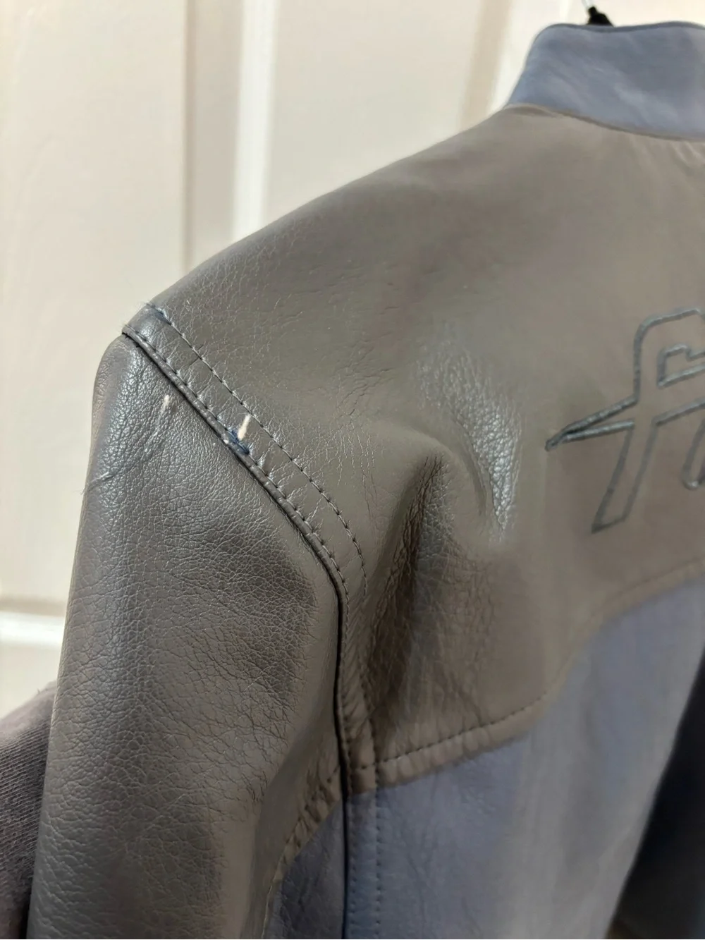 Two-Tone Navy & Grey Leather Jacket - Men